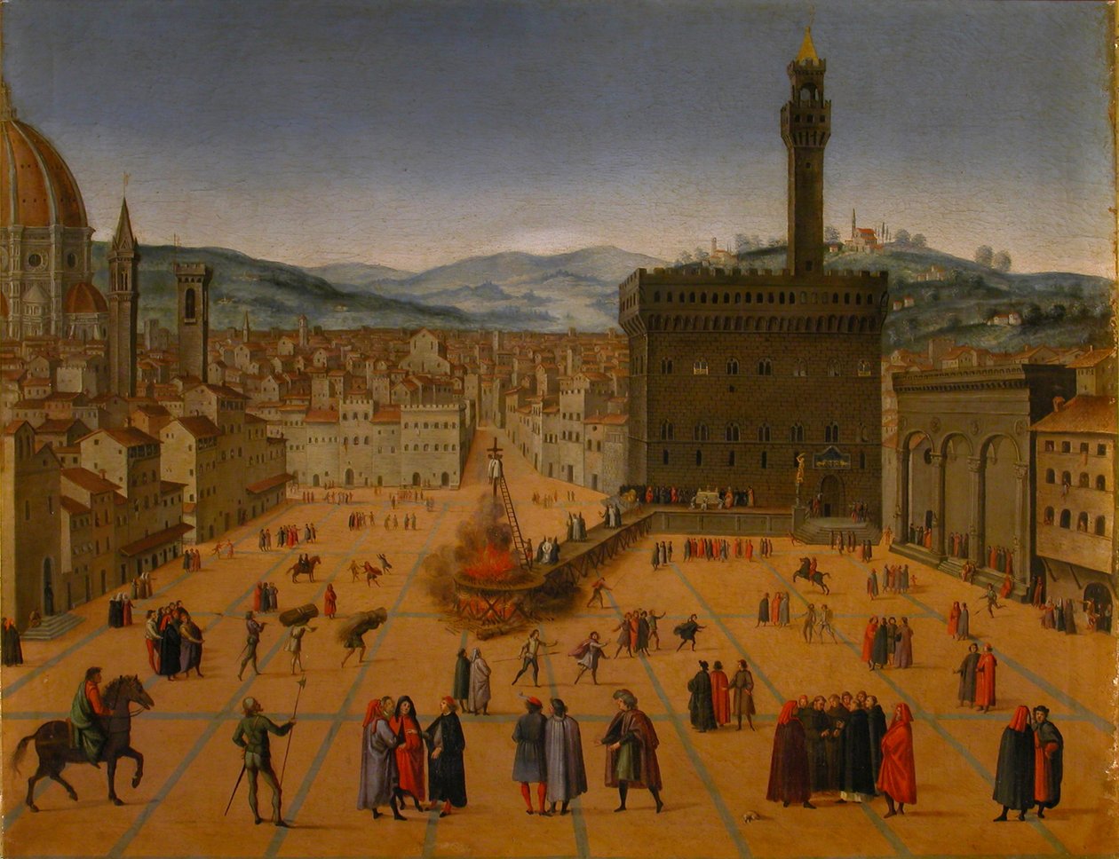 Hinrichtung von Girolamo Savonarola auf der Piazza della Signoria in Florenz 1498, frühes 17. Jahrhundert von Unbekannt