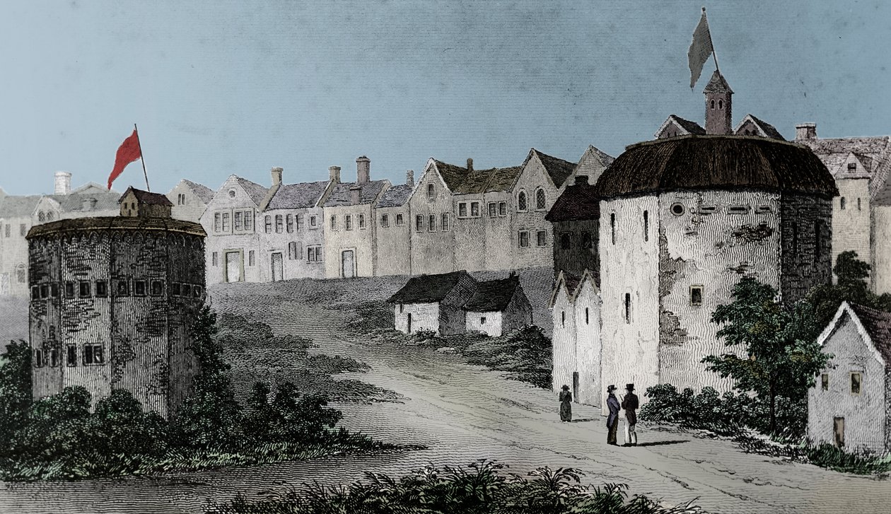 Globe Theatre, Bankside, Southwark rechts und der Bear Garden, ca. 1597 von Unbekannt