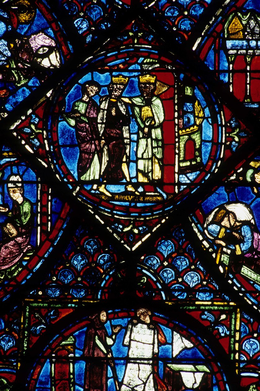 Gotische Architektur. Histoire de Charlemagne (Detail): Karl der Große wird von Konstantin I., byzantinischer Kaiser, empfangen. Glasmalerei des nördlichen Chorumgangs, Apsis. Kathedrale von Chartres. von Unbekannt