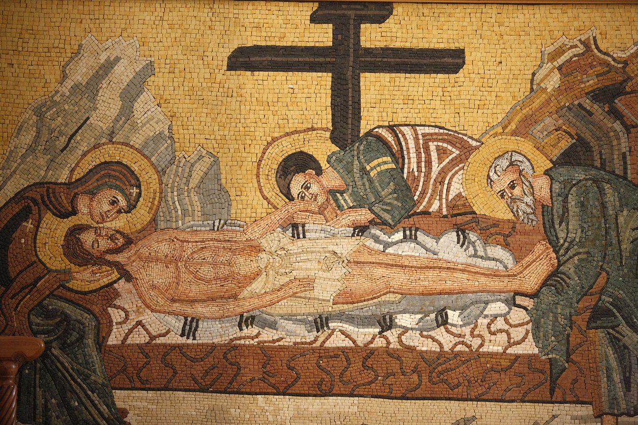 Griechisch-orthodoxe Ikone, die die Grablegung Christi in der St.-Georgs-orthodoxen Kirche darstellt, Madaba, Jordanien von Unbekannt