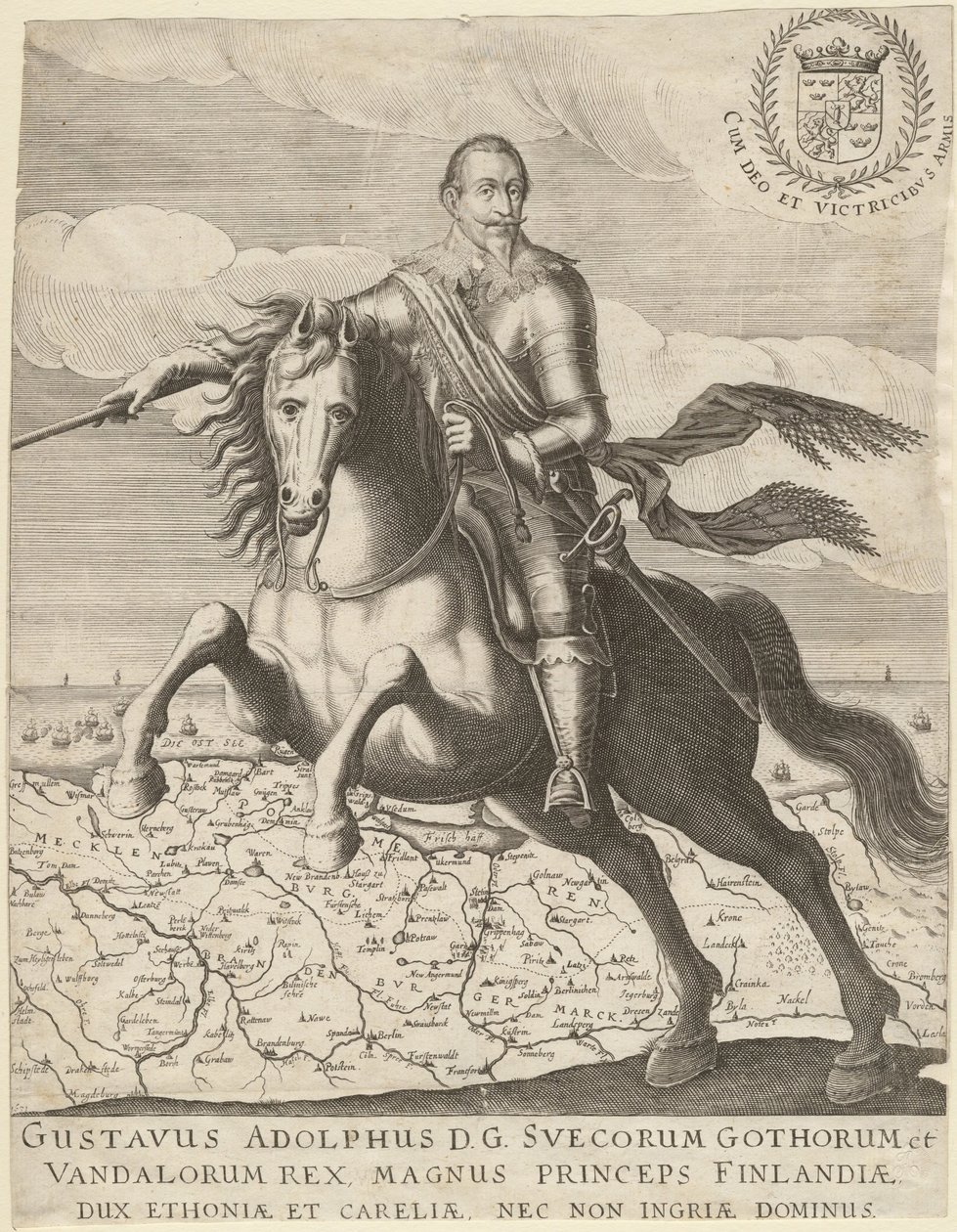 Gustav Adolf vor der Karte von Pommern im Hintergrund, 1630 von Unbekannt