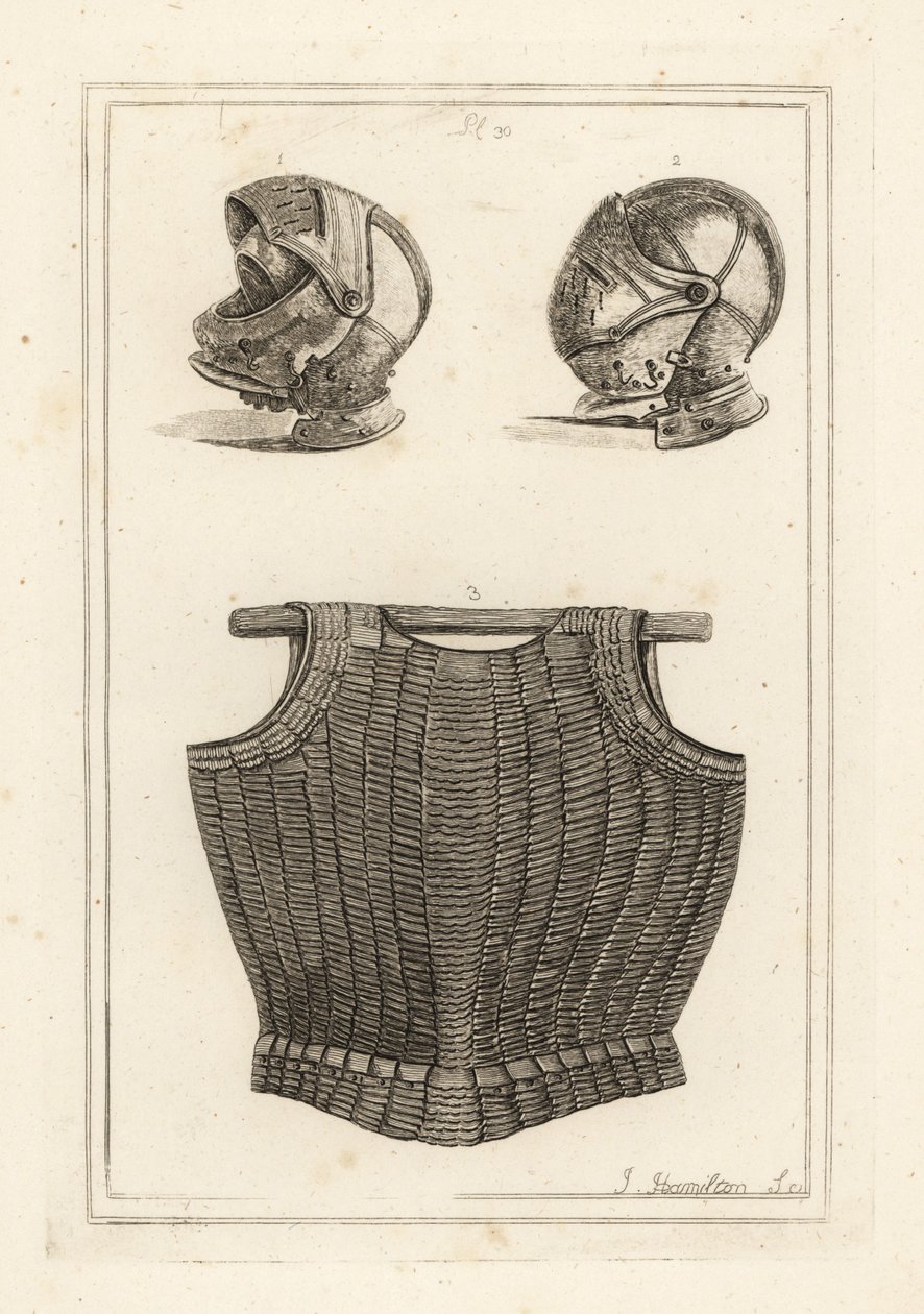 Helm, gefunden auf dem Schlachtfeld von Bosworth, und flexibler Kürass aus Metalllamellen auf Leder, der angeblich König Heinrich VIII. gehörte von Unbekannt