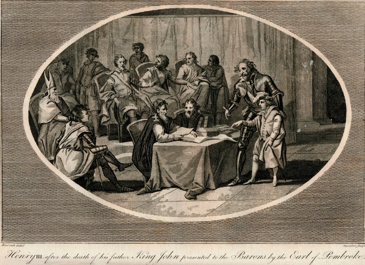 Heinrich III. wird den Baronen vom Earl of Pembroke vorgestellt, 1216 von Unbekannt
