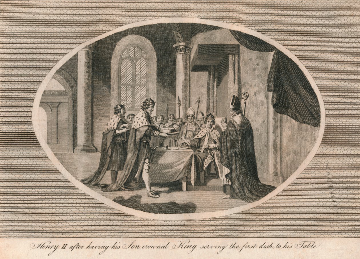 Heinrich II., nachdem er seinen Sohn zum König gekrönt hat, serviert das erste Gericht an seinem Tisch von Unbekannt