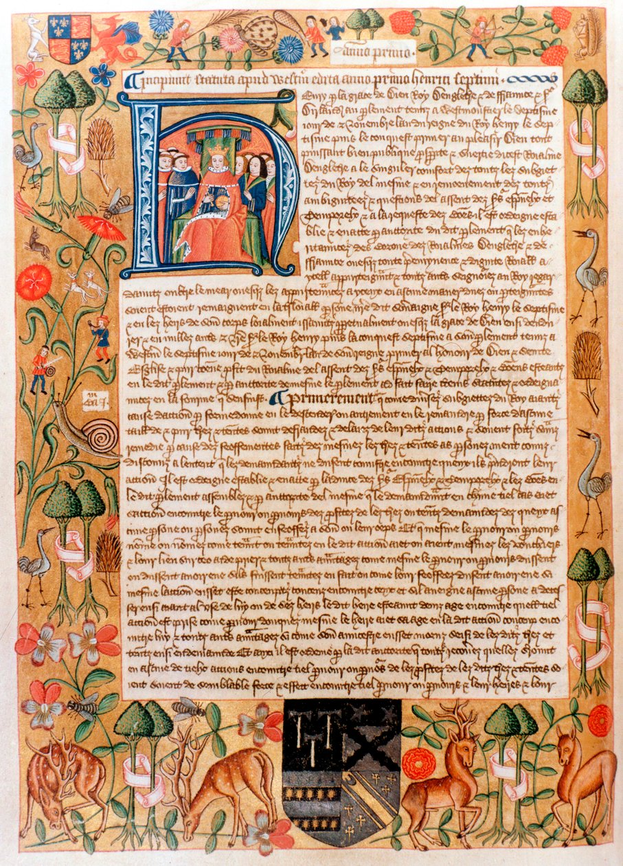 Erstes Gesetz des Parlaments von Heinrich VII. mit einem Anfangsporträt des Königs, späte 1480er Jahre von Unbekannt