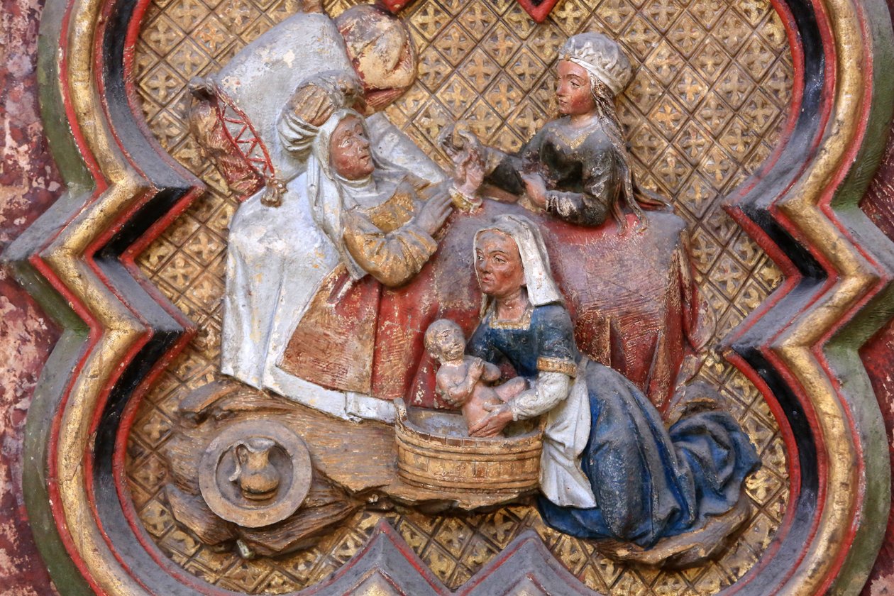 Geschichte von St. Johannes dem Täufer: "Geburt von St. Johannes dem Täufer." Basrelief des nördlichen Endes des Nordchors (1531). Polychromer Stein. 1531. Kathedrale von Amiens, Amiens, Frankreich von Unbekannt
