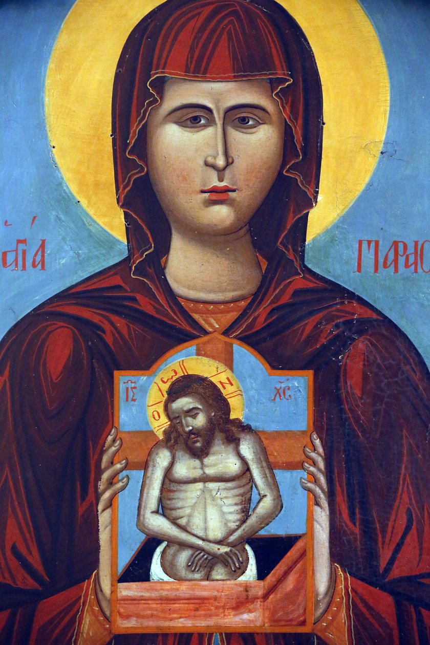 Ikone im Byzantinischen Museum von Pedoulas: Heilige Paraskevi hält eine Kreuzigungsikone (1789), 20150510, Pedoulas, Zypern von Unbekannt
