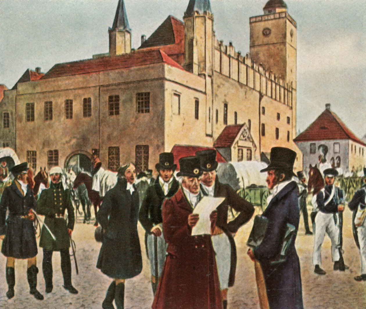 Vor dem Rathaus in Reichenbach in Schlesien während des Waffenstillstands, 1813, 1936 von Unbekannt