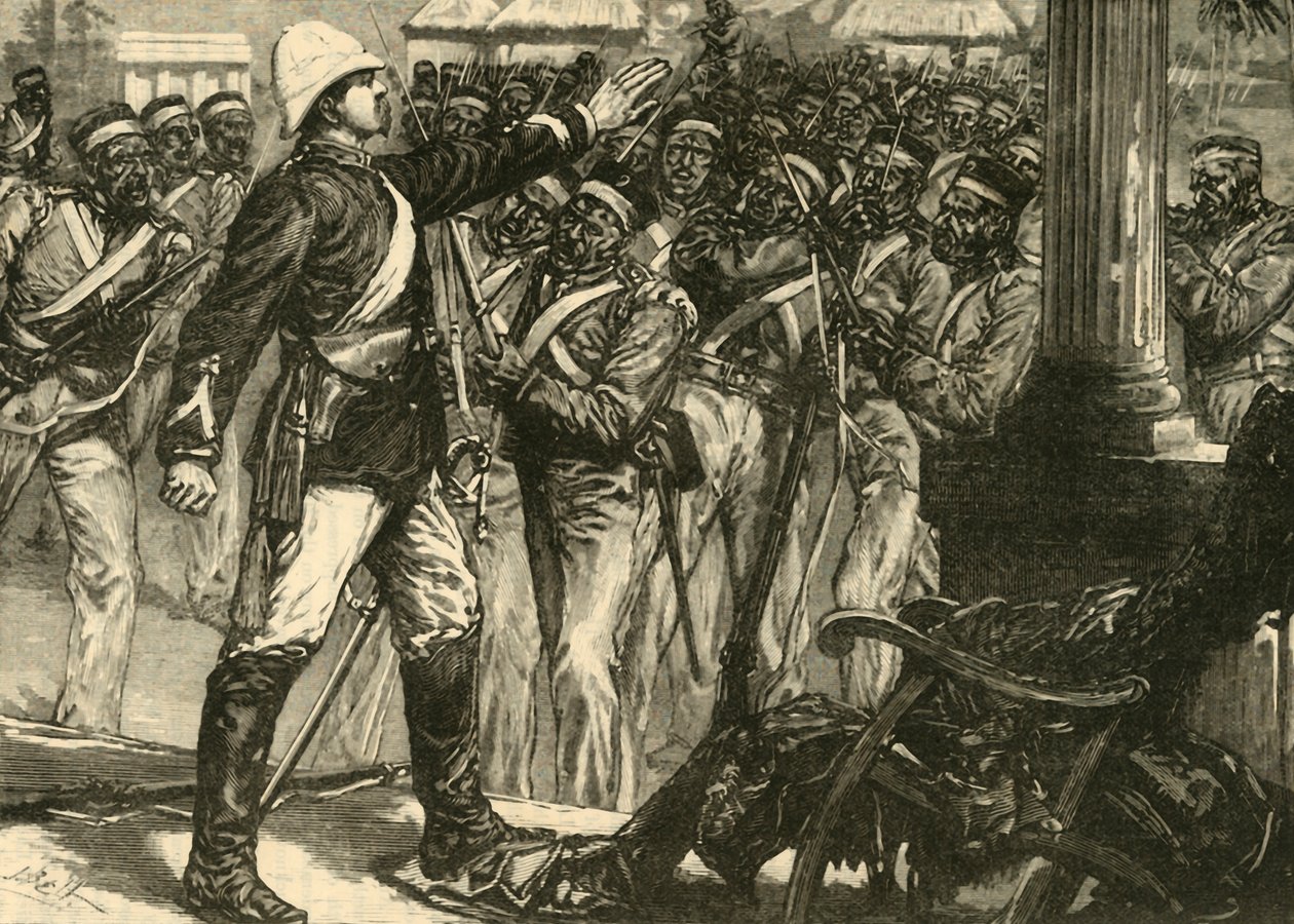 Vorfall im Indischen Aufstand: Leutnant De Kantzow beruhigt die Sepoys in Mynpooree, 1890 von Unbekannt