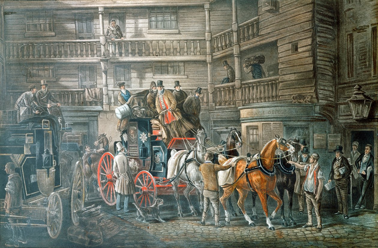 Gasthofhof mit Postkutsche, die sich zur Abfahrt vorbereitet, ca. 1840 von Unbekannt