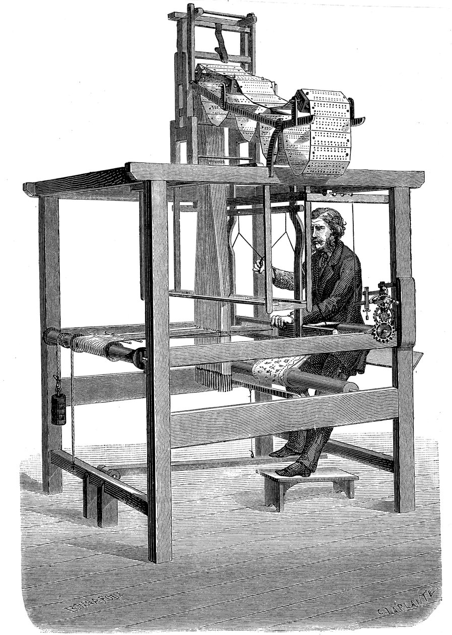 Jacquard-Webstuhl, mit Girlanden von Lochkarten, aus denen das Muster gewebt wurde, 1876 von Unbekannt