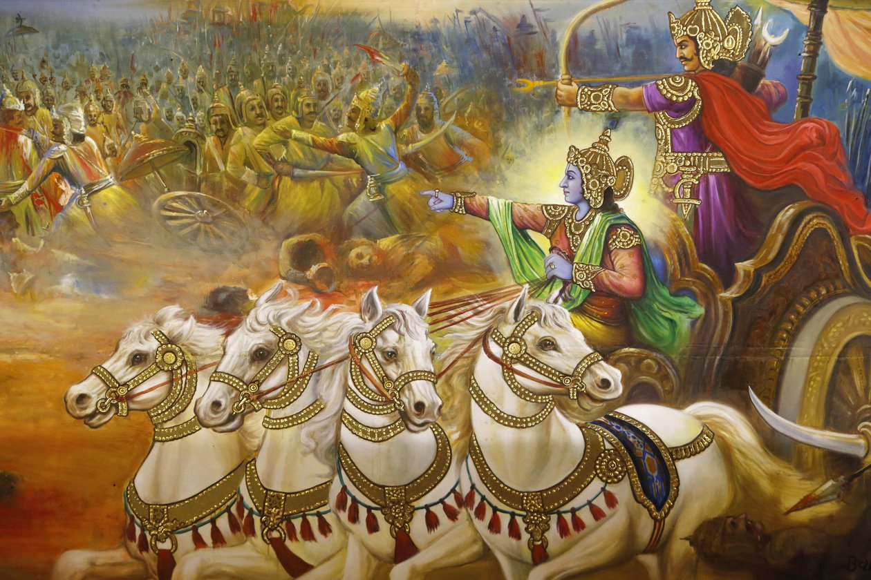 Jalaram Prathna Hindu-Tempel, Leicester. Fresko. Krishna der Wagenlenker führt Arjuna auf dem Schlachtfeld von Kurukshetra. Vereinigtes Königreich von Unbekannt