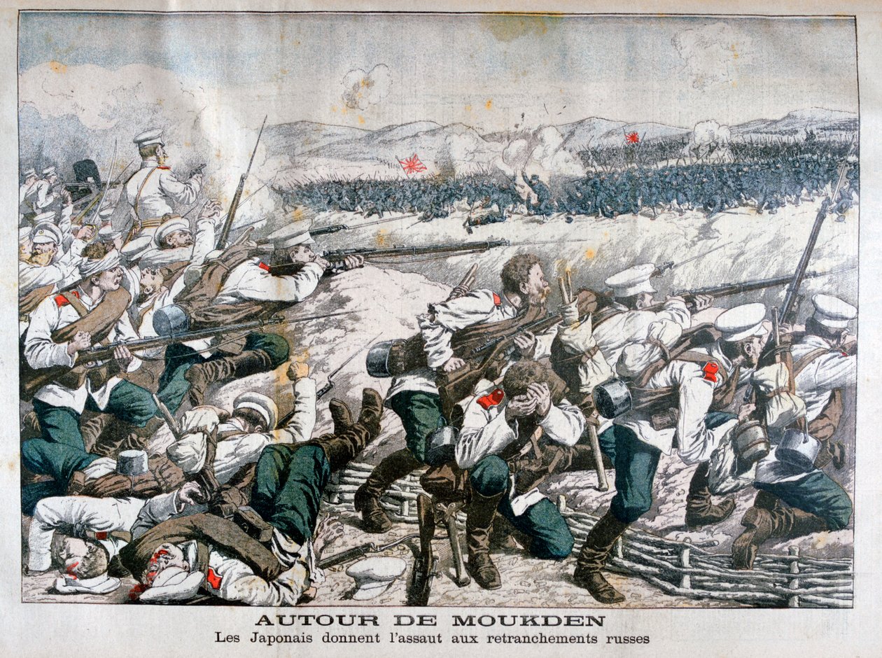 Japanische Truppen greifen russische Schützengräben an, Mukden, Mandschurei, Oktober 1904 von Unbekannt