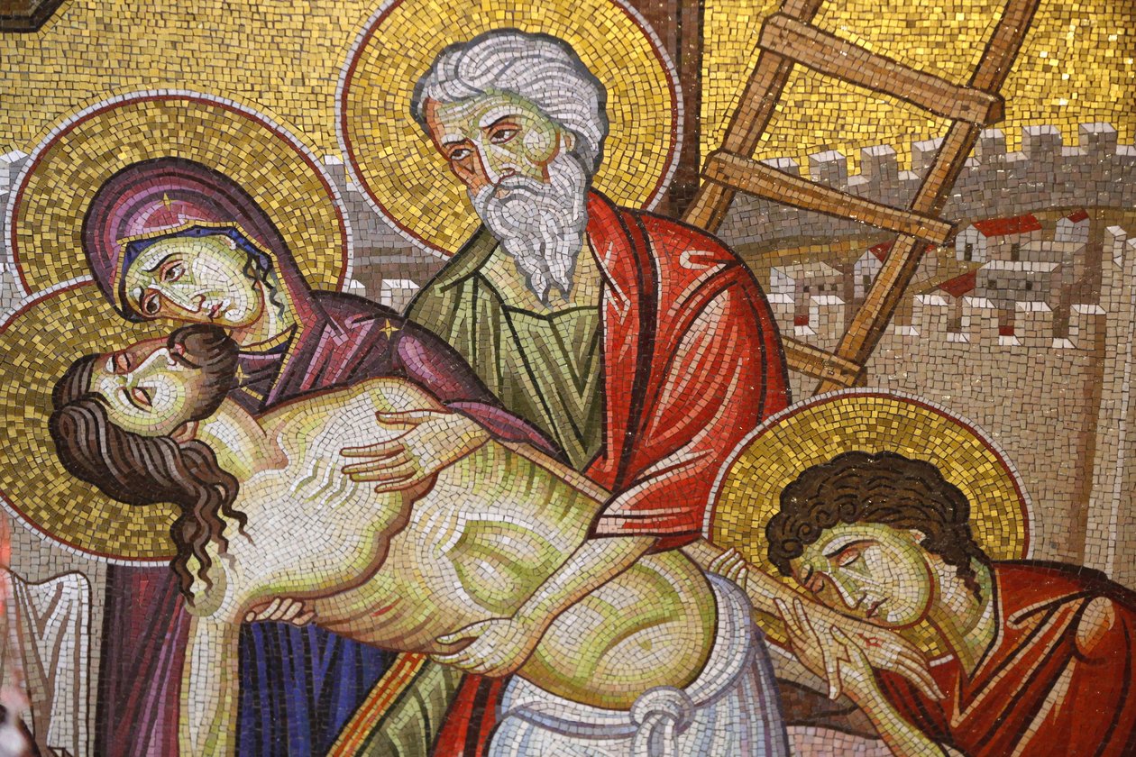 Jesus vom Kreuz genommen, Detail des Mosaiks, Grabeskirche, Jerusalem, Israel von Unbekannt