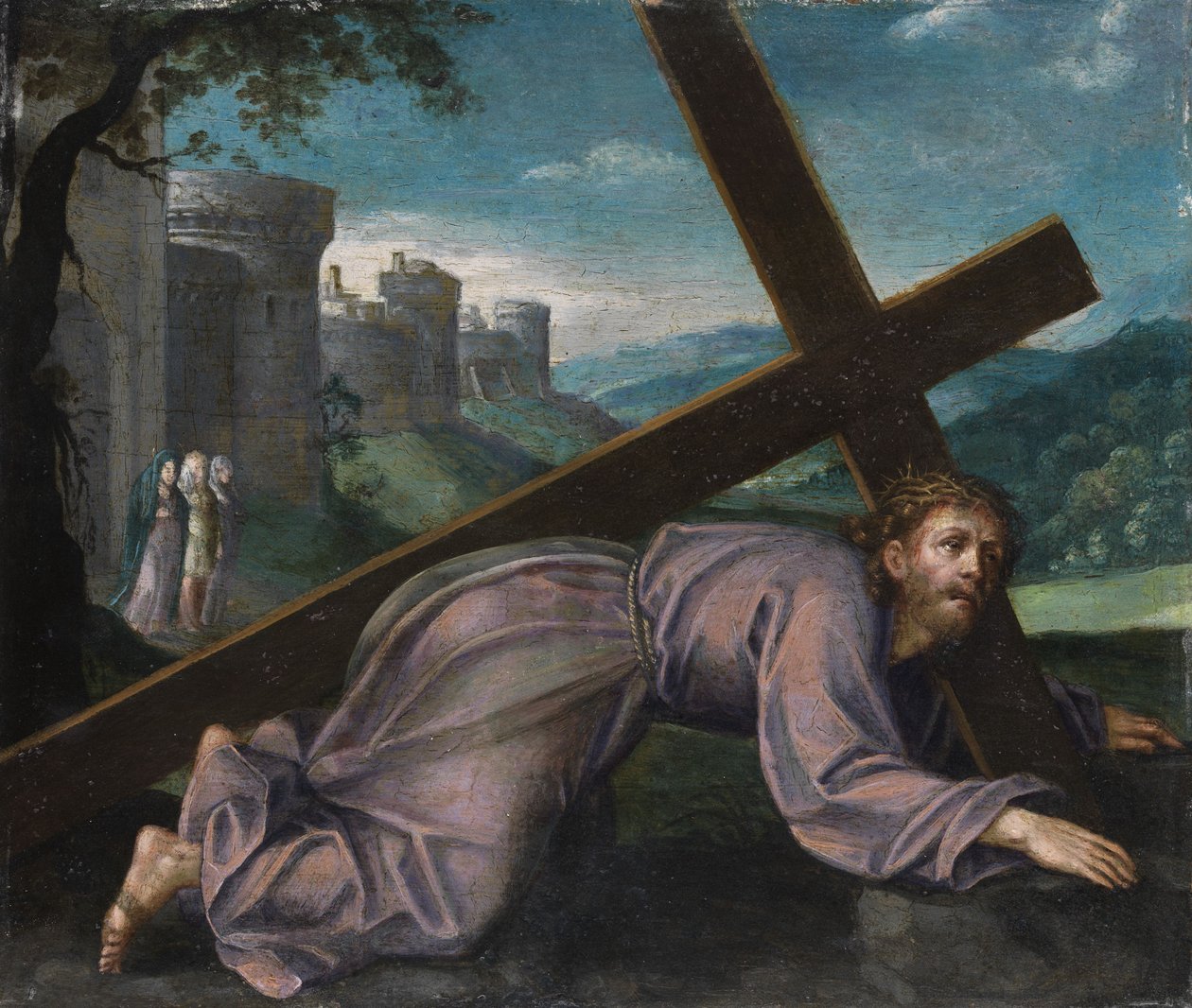 Jesus fällt unter dem Kreuz. Norditalienischer Maler des 17. Jahrhunderts von Unbekannt