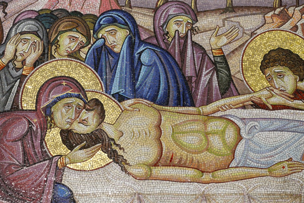 Jesus im neuen Grab von Joseph von Arimathäa, Detail des Mosaiks, Grabeskirche, Jerusalem, Israel von Unbekannt