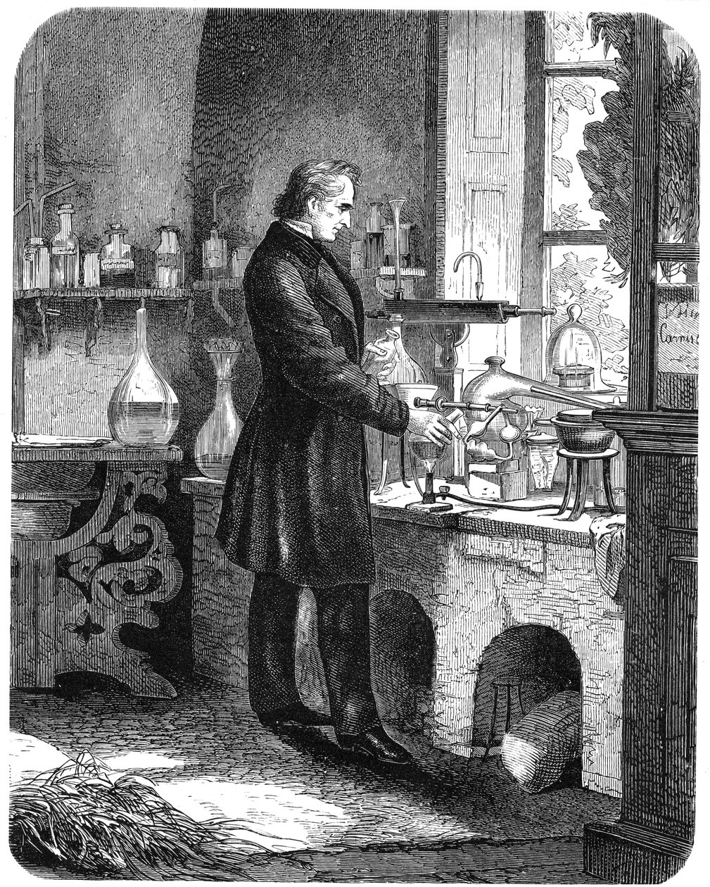 Justus von Liebig, deutscher Chemiker, bei der Arbeit in seinem Labor, Mitte des 19. Jahrhunderts, um 1885 von Unbekannt