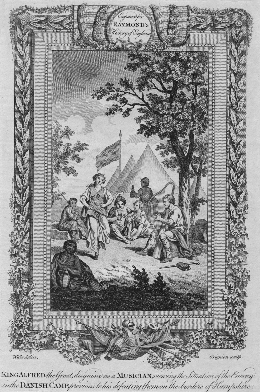 König Alfred der Große, verkleidet als Musiker, beobachtet die Lage des Feindes, um 1787 von Unbekannt