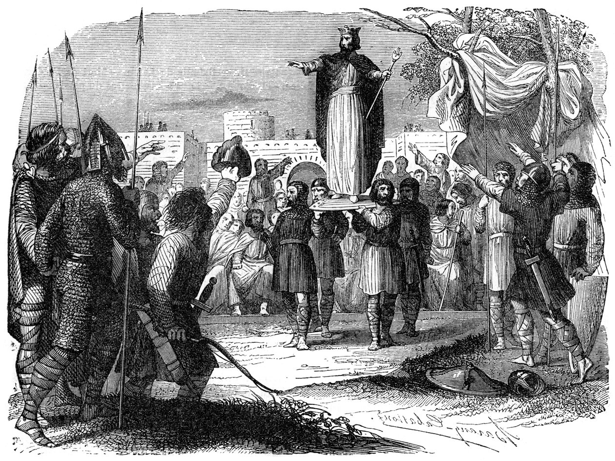 König der Franken wird auf einem Schild getragen, 1882-1884 von Unbekannt
