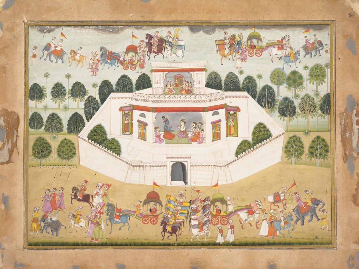 Krishna und Balarama in einem ummauerten Palast: Seite aus einem verstreuten Bhagavata Purana..., ca. 1700 von Unbekannt