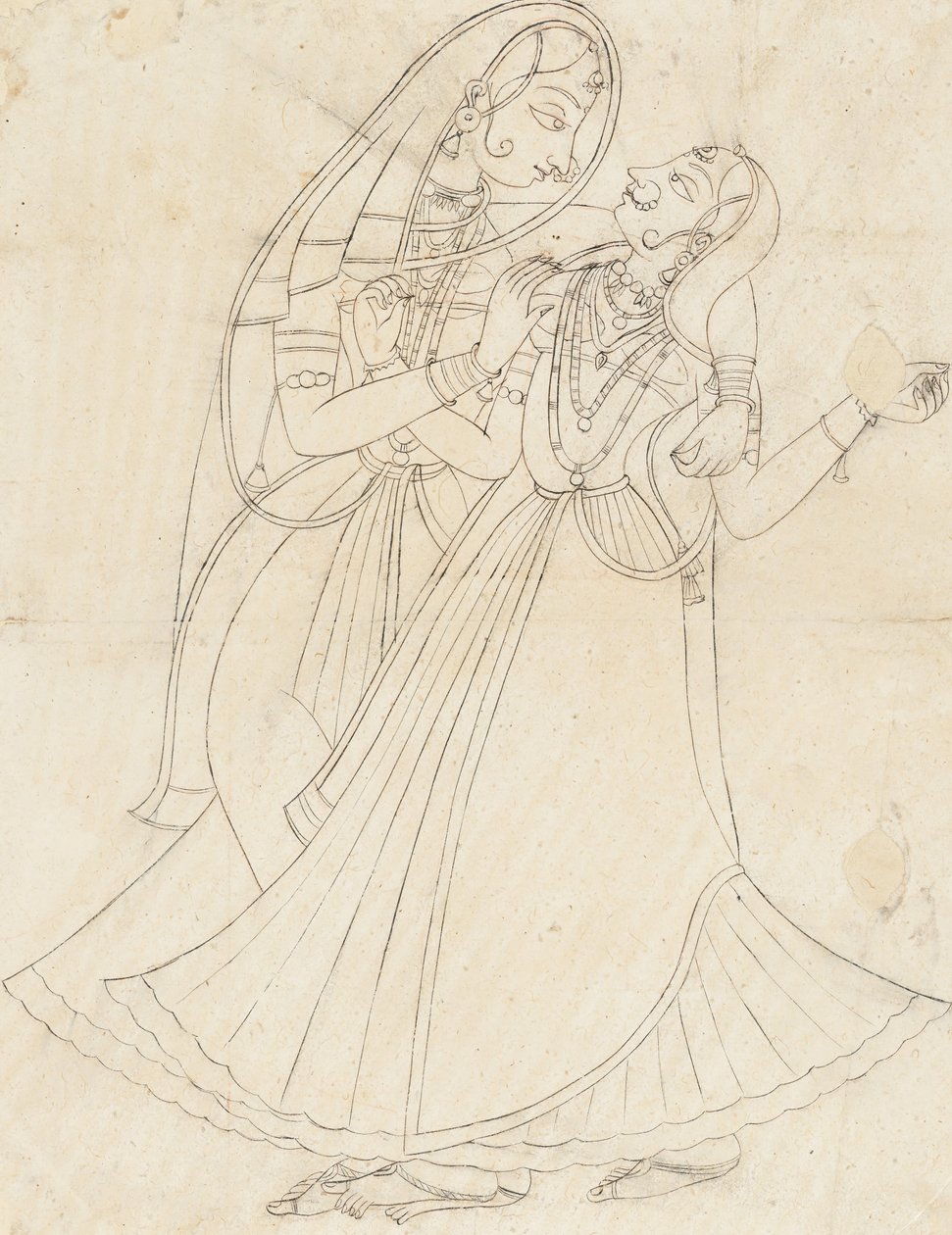 Krishna als Frau verkleidet umarmt Radha, 19. Jahrhundert von Unbekannt