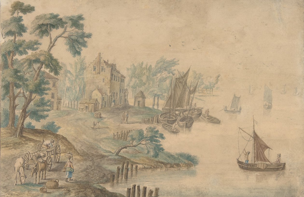 Landschaft mit Pferden und Karren und einem Fluss rechts, 18. Jahrhundert von Unbekannt