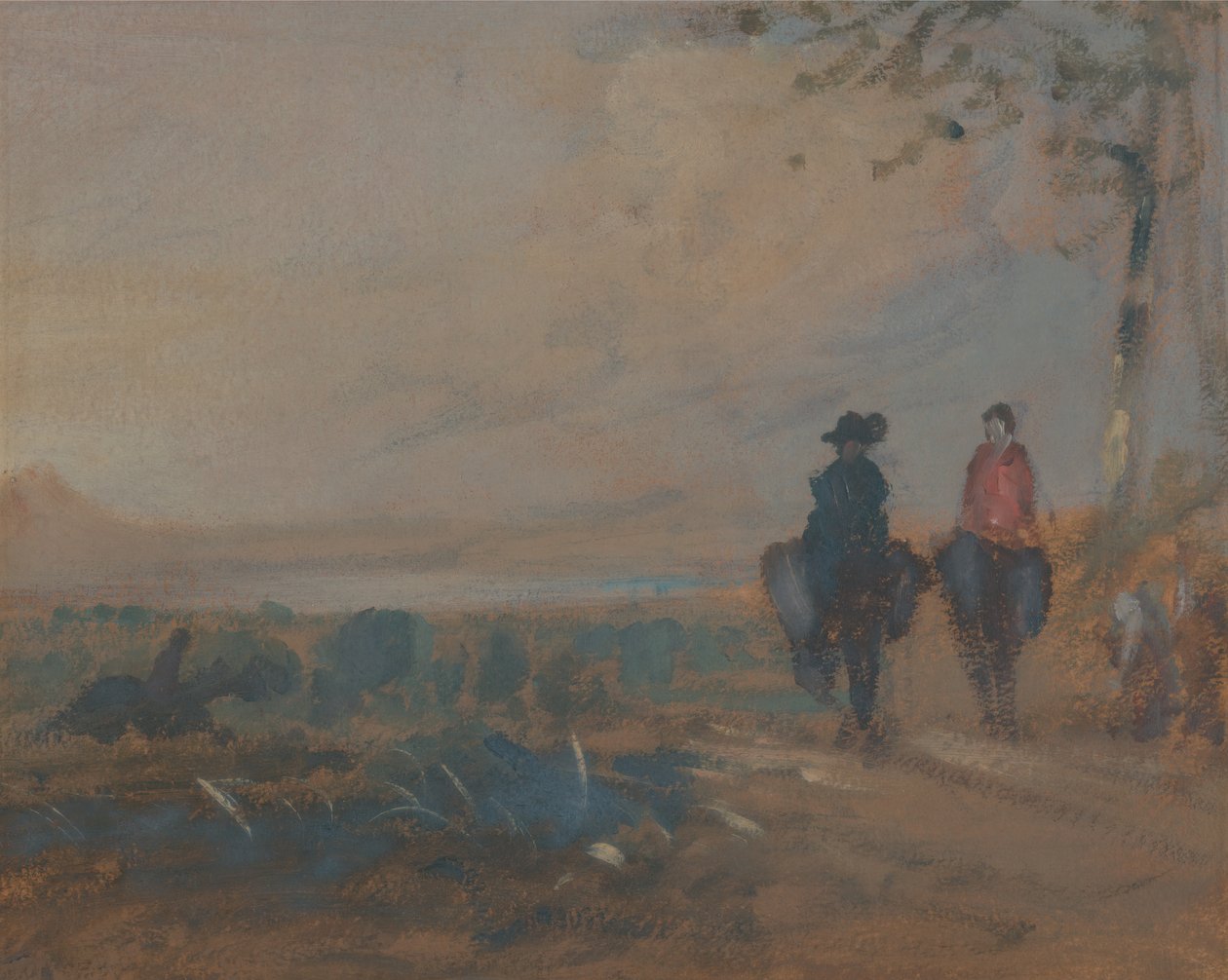 Landschaft mit See und zwei reitenden Figuren, ca. 1820 von Unbekannt