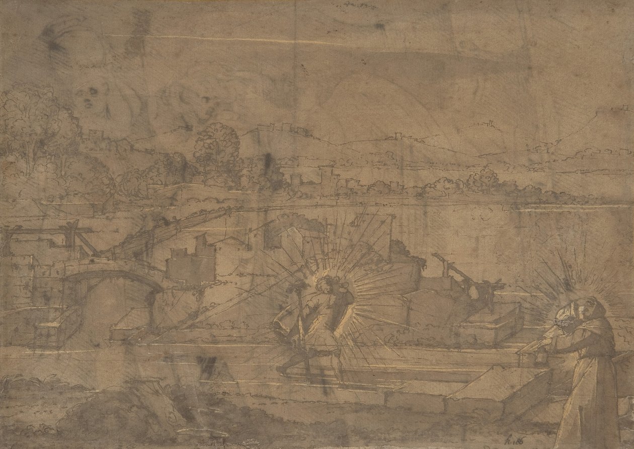 Landschaft mit dem heiligen Christophorus und einem männlichen Mönchsheiligen, 16. Jahrhundert von Unbekannt