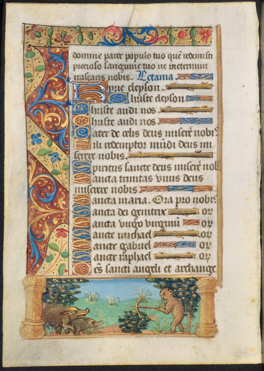 Blatt aus einem Stundenbuch: Affen jagen Wildschweine recto und Affen fischen verso, ca. 1500-1510 von Unbekannt