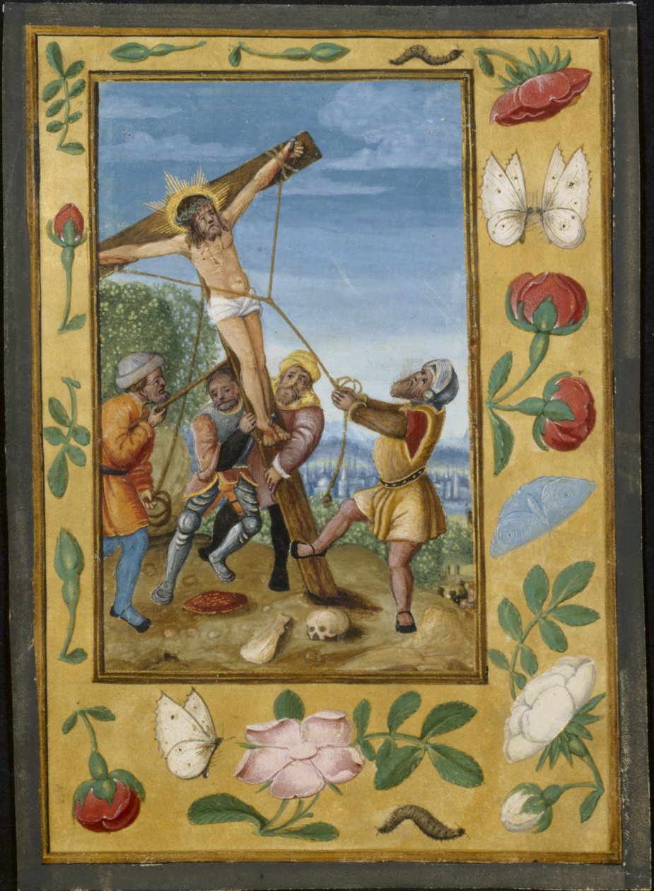 Blatt aus einem Stundenbuch: Die Kreuzaufrichtung, ca. 1510-1520 von Unbekannt