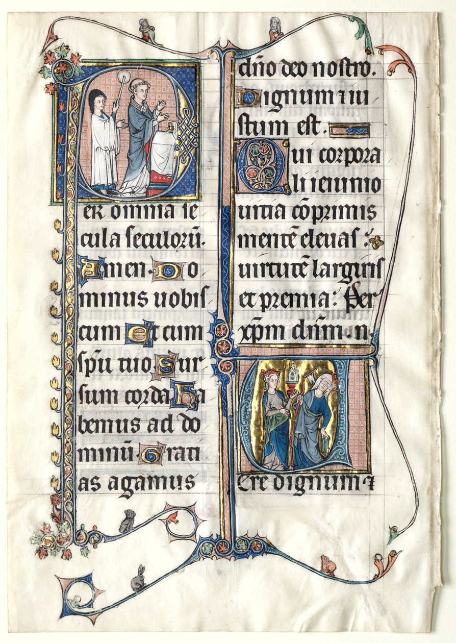 Blatt aus einem Messbuch mit zwei historisierten Initialen: Initiale P[er omnia saecula saeculorum]..., ca. 1300 von Unbekannt