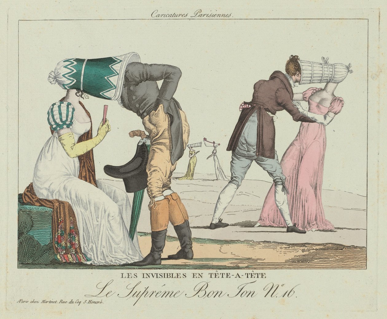 Les Invisibles en tête-à-tête Tête-à-Tête mit Poke-Bonnets, ca. 1805 von Unbekannt