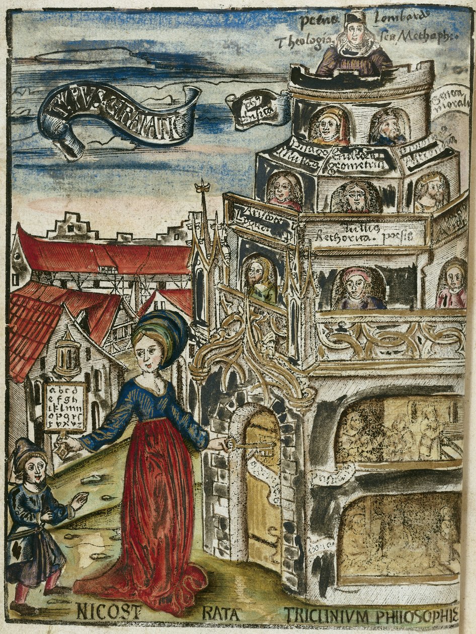 Die freien Künste, die Grammatik: Nicostrata (genannt Carmenta), hält ein Hornbuch, Lehrbuch (hier ein Alphabetbuch) und einen Schlüssel, der die Tür des Lernens für ein Kind öffnet von Unbekannt