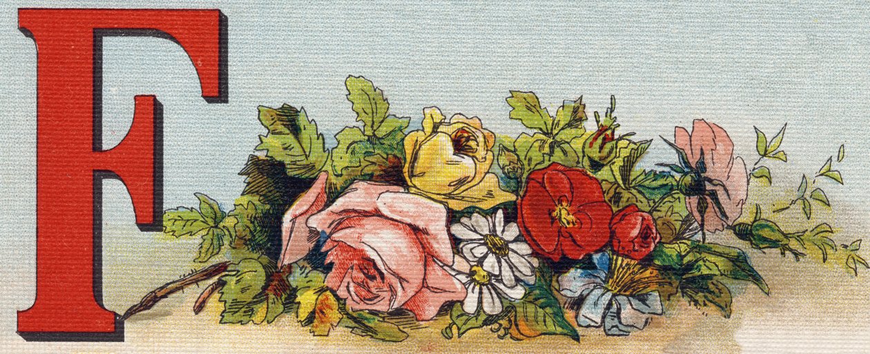 Buchstabe F: Blumen. Gravur in "Alphabet de ma petite fille". Bernardin-Bechet und Fils, Buchhändler-Verleger, Paris, um 1895. Unzerbrechliches Album auf Leinwand. Bibliotheque des Bebes. 12 Seiten. Album mit einer Lesemethode und einem illustrierten Abece von Unbekannt