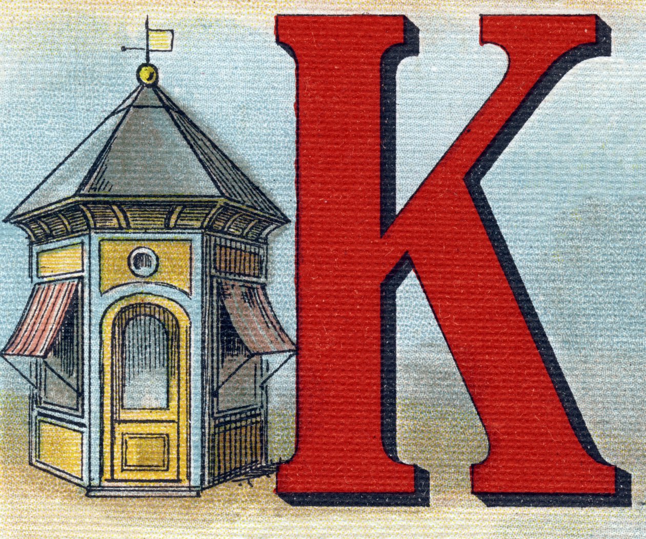 Buchstabe K: Kiosk. Gravur in "Alphabet de ma petite fille". Bernardin-Bechet und Fils, Buchhändler-Verleger, Paris, um 1895. Unzerbrechliches Album auf Leinwand. Bibliotheque des Bebes. 12 Seiten. Album mit einer Lesemethode und einem illustrierten Abeced von Unbekannt