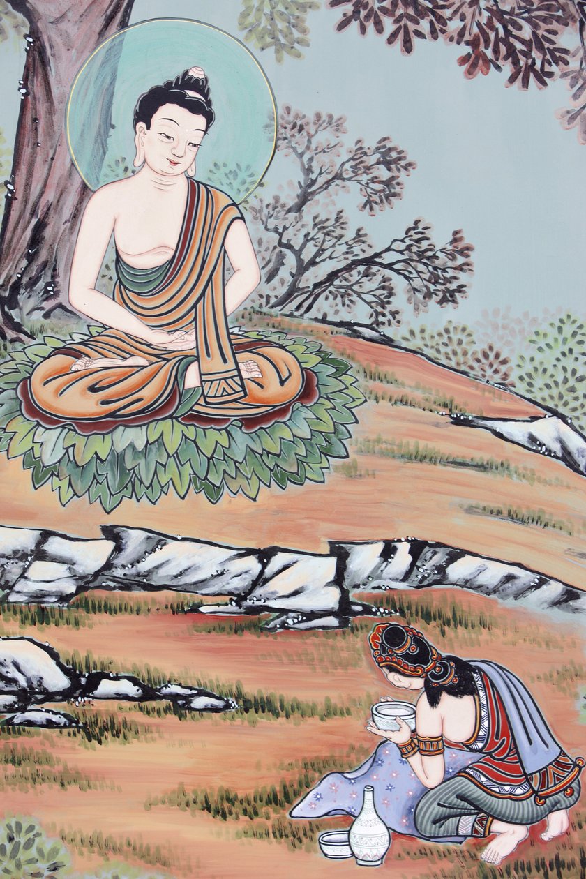 Leben Buddhas: Eine junge Frau bot dem zukünftigen Buddha eine Schale Reis und Milch an. Er nahm sie an, stellte seine Kraft wieder her und begann seine Praxis von neuem, Seoul, Südkorea von Unbekannt