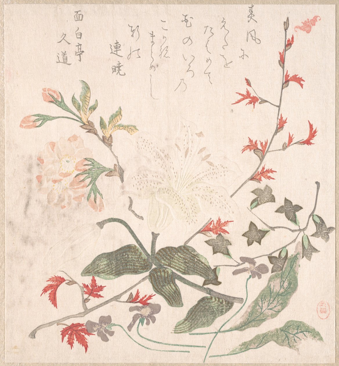 Lilie, Veilchen, Kirschblüten, Forsythie und ein Zweig roter Ahorn, 18.-19. Jahrhundert von Unbekannt