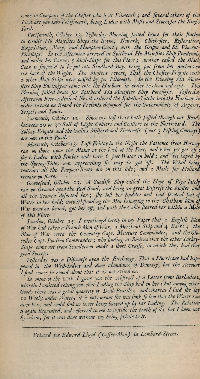 Lloyds Nachrichten. London, 15. Oktober 1696 - Nr. 20 von Unbekannt