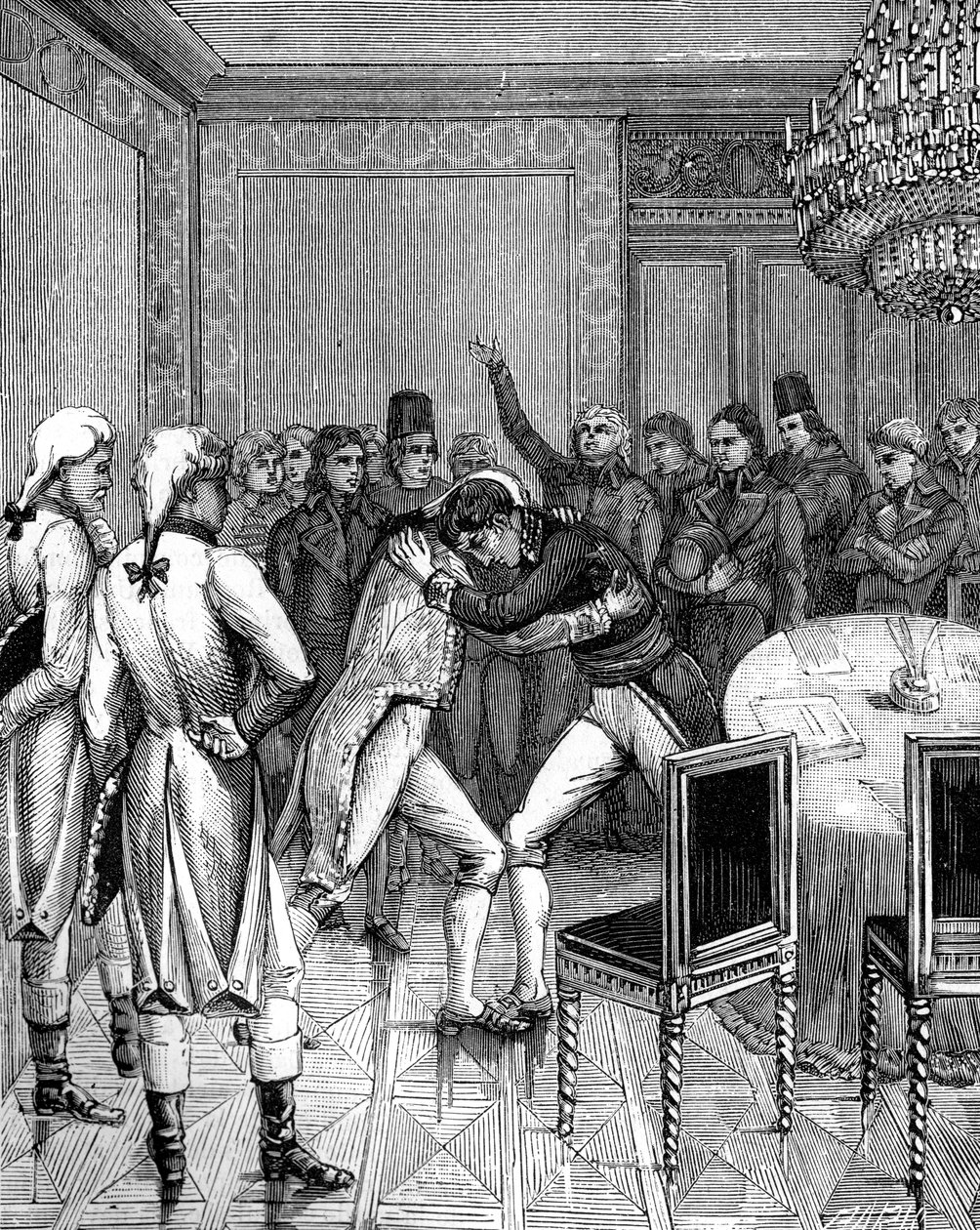Lord Cornwallis und Joseph Bonaparte umarmen sich in Amiens, Frankreich von Unbekannt
