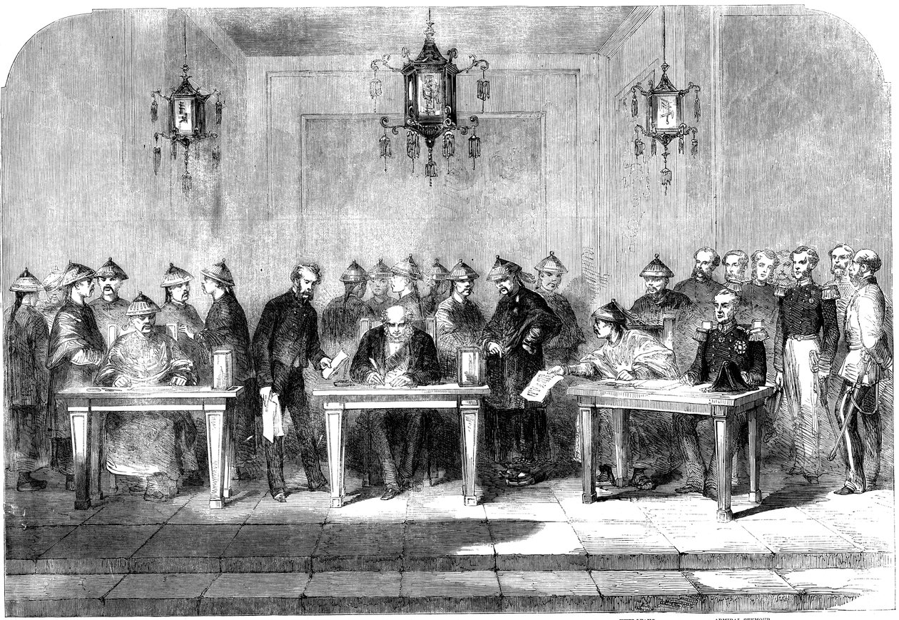 Lord Elgin unterzeichnet den Vertrag von Tainjin zur Beendigung des Zweiten Opiumkriegs, 1858 von Unbekannt