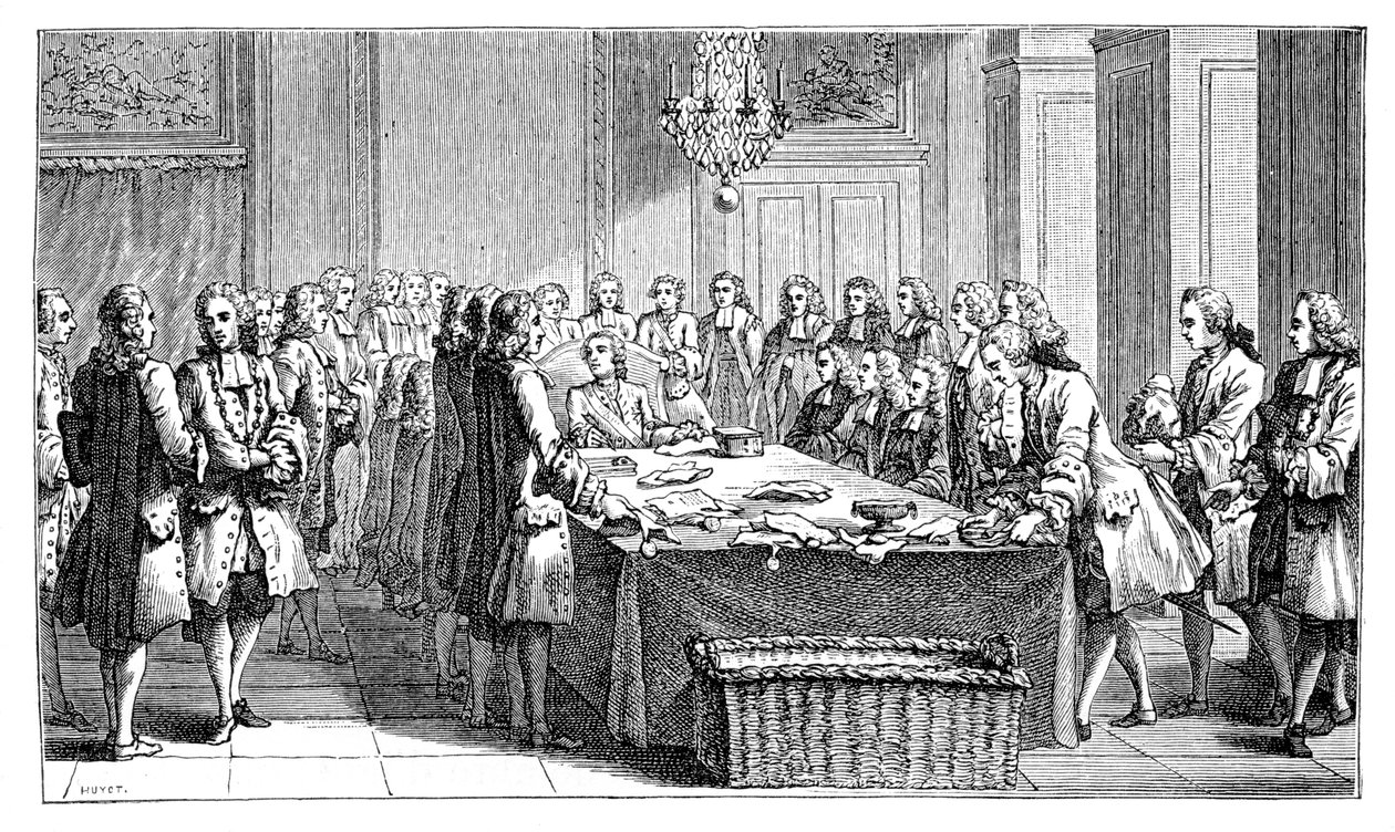 Ludwig XV. unterzeichnet den neuen Vertrag, 1757, 1885 von Unbekannt