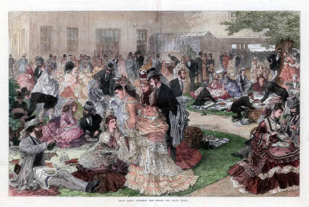 Mittagszeit hinter der Tribüne, Ascot-Rennen, 1872 von Unbekannt