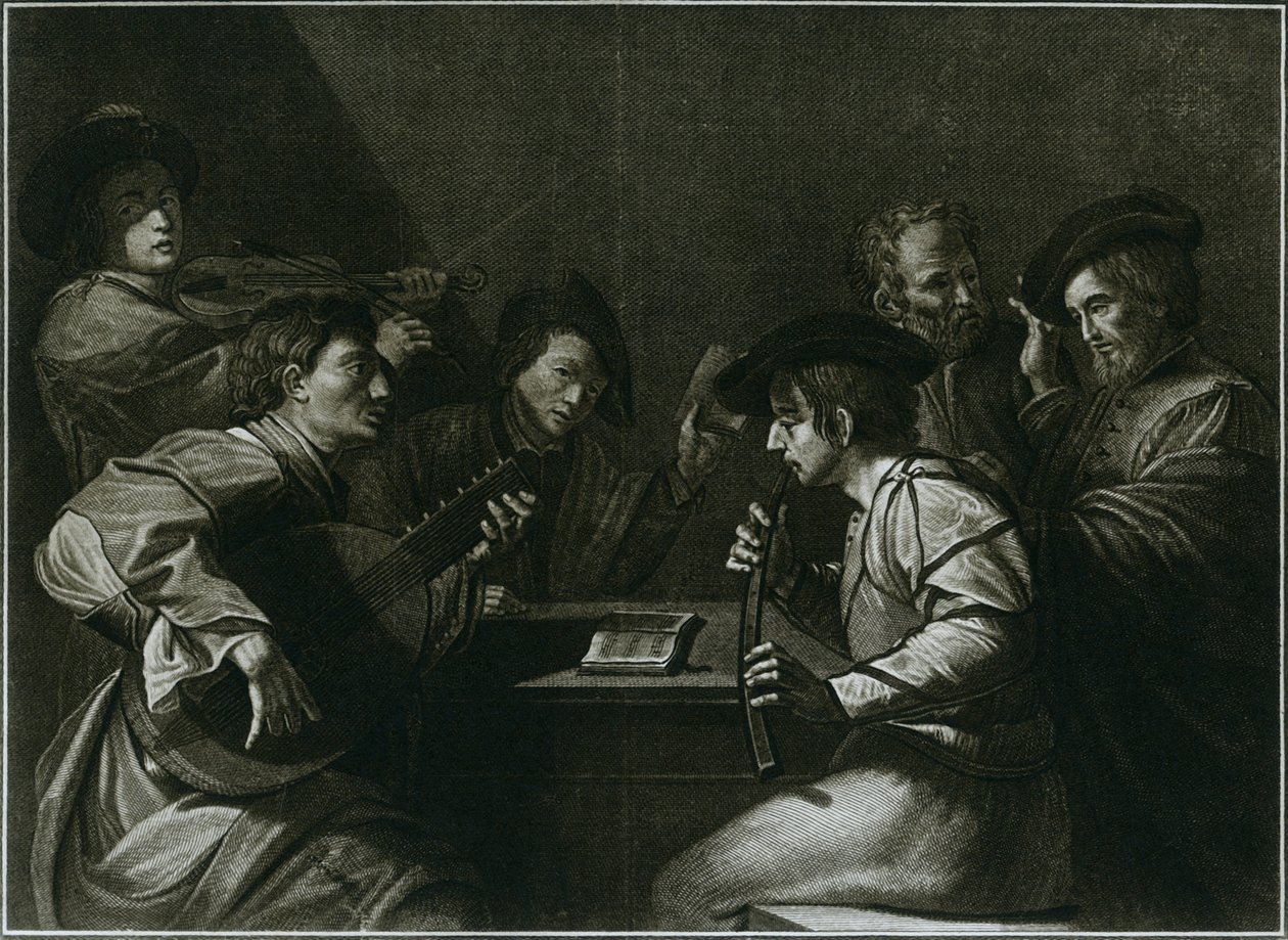 Laute, Geige und schwarzer gebogener Zink, italienischer Stich aus dem Jahr 1784 von Unbekannt