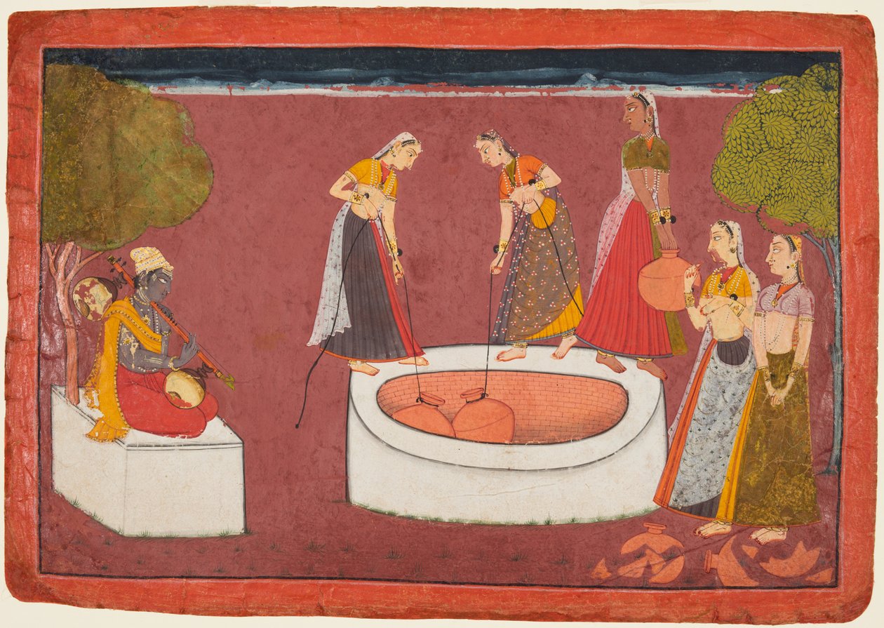 Madhava spielt seine Vina vor fünf Frauen, die Wasser aus einem Brunnen schöpfen, aus einem Madhavanala..., ca. 1700 von Unbekannt
