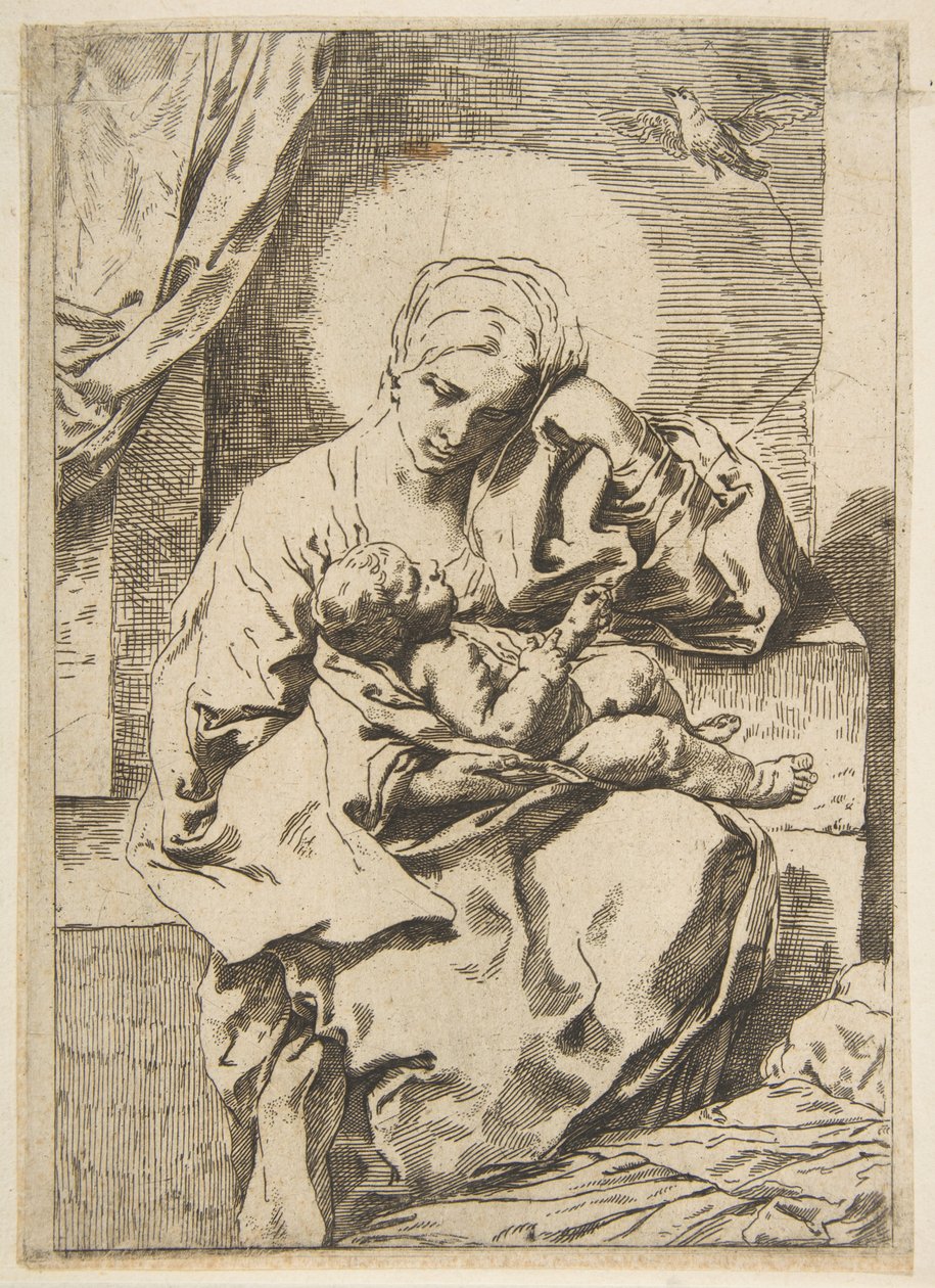 Madonna und Kind mit einem Vogel, Kopie in umgekehrter Richtung nach Cantarini, ca. 1635-1636 oder später von Unbekannt
