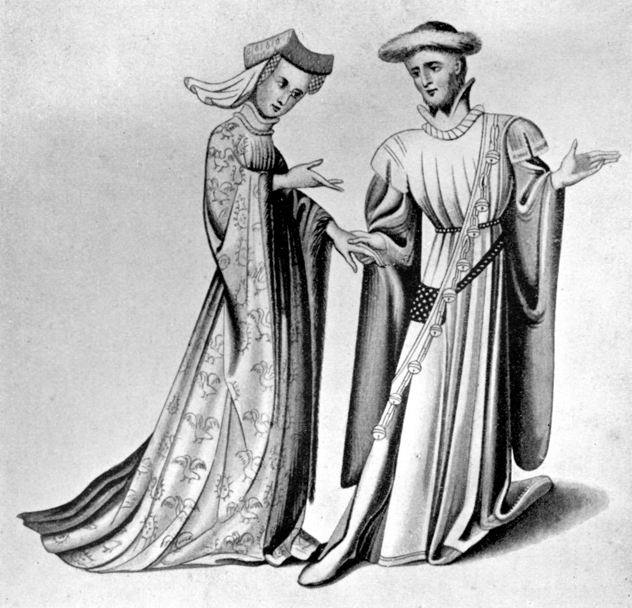 Männliche und weibliche Kleidung, spätes 14.-frühes 15. Jahrhundert, 1910 von Unbekannt