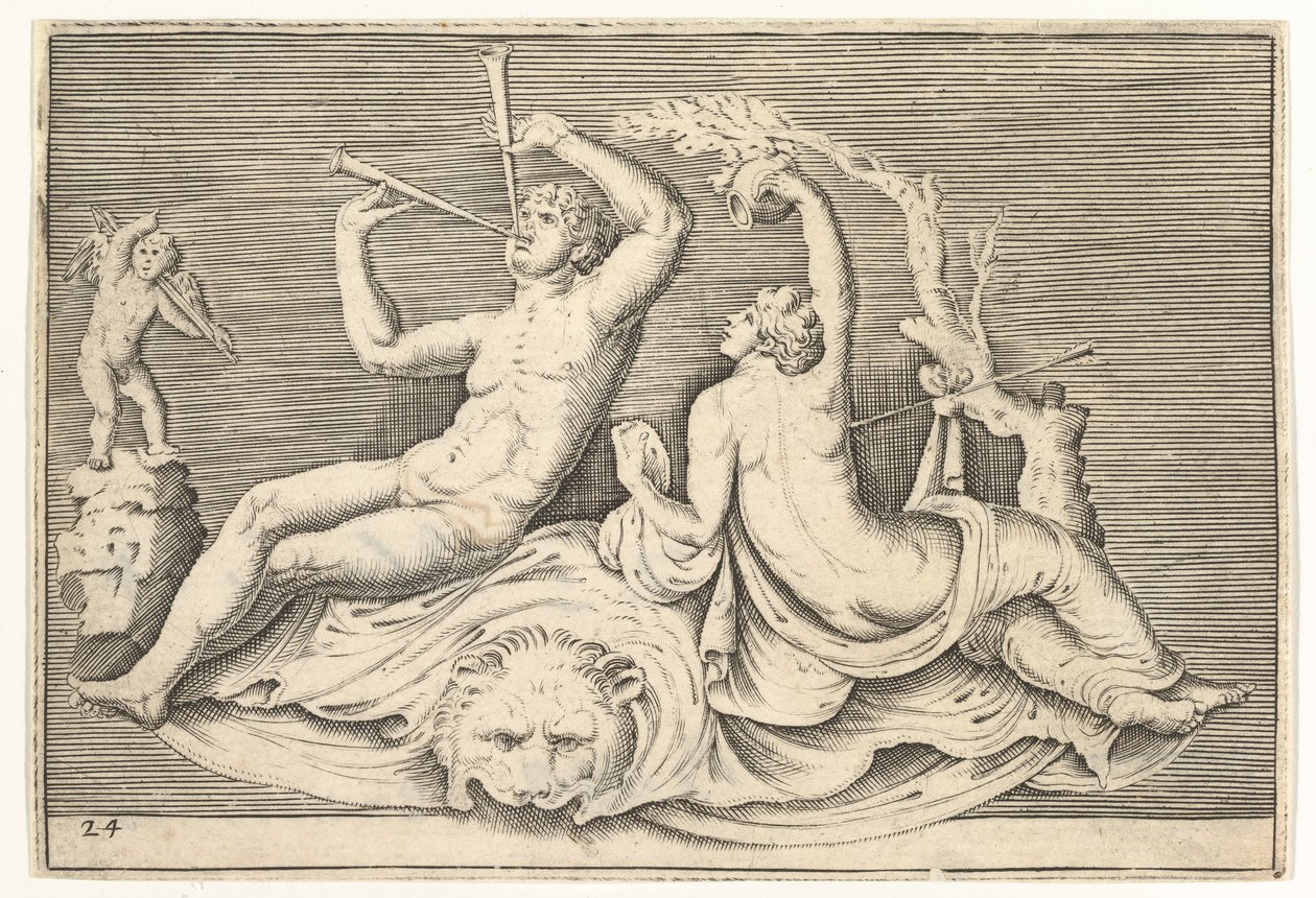 Mann, der zwei Flöten spielt, und Frau auf Löwenfell, veröffentlicht ca. 1599-1622 von Unbekannt
