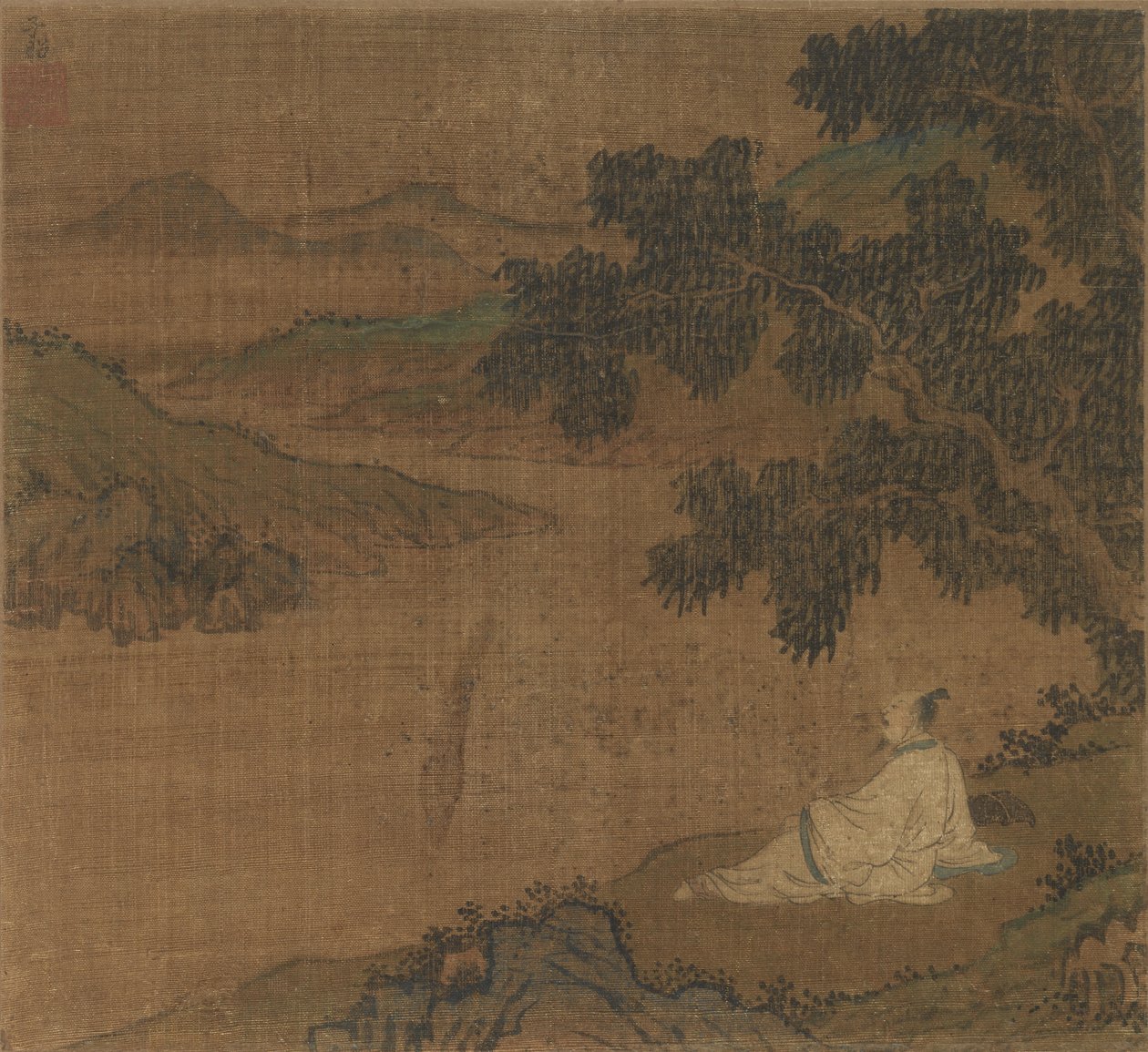 Mann auf einem Hügel unter einem Baum mit Blick auf einen Fluss, Ming-Dynastie von Unbekannt