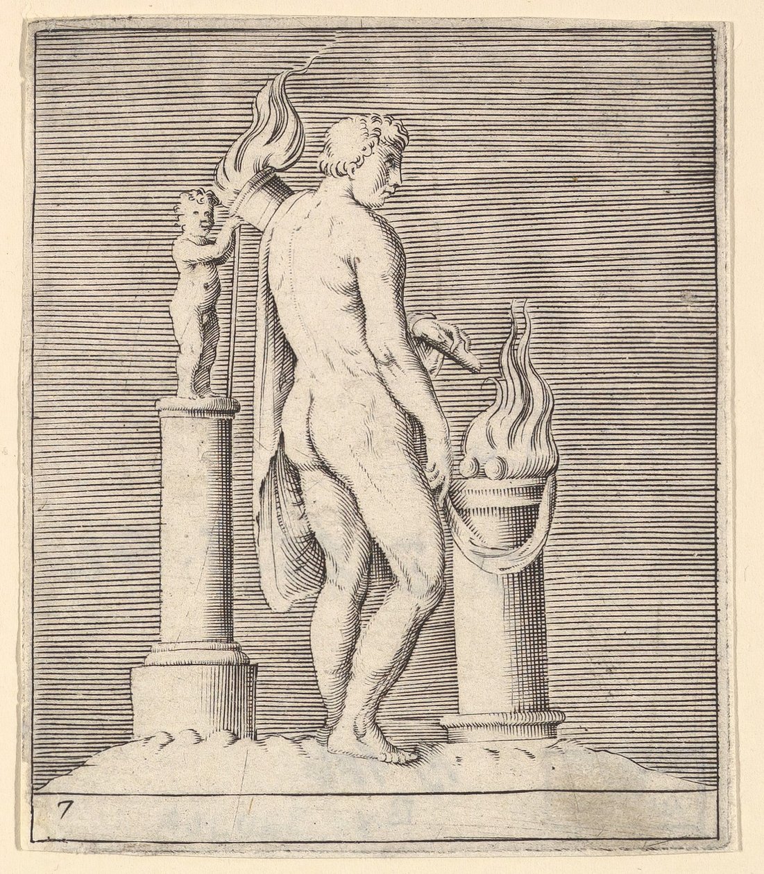Mann mit Fackel zwischen brennendem Altar und Statuette von Unbekannt