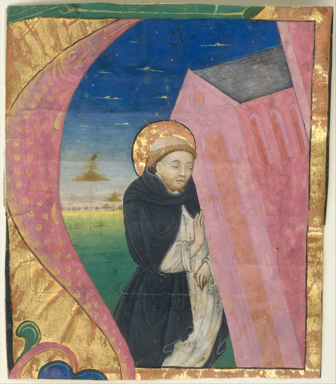 Manuskript-Illumination mit dem heiligen Dominikus, der die Kirche des heiligen Johannes rettet... Mitte des 15. Jahrhunderts von Unbekannt